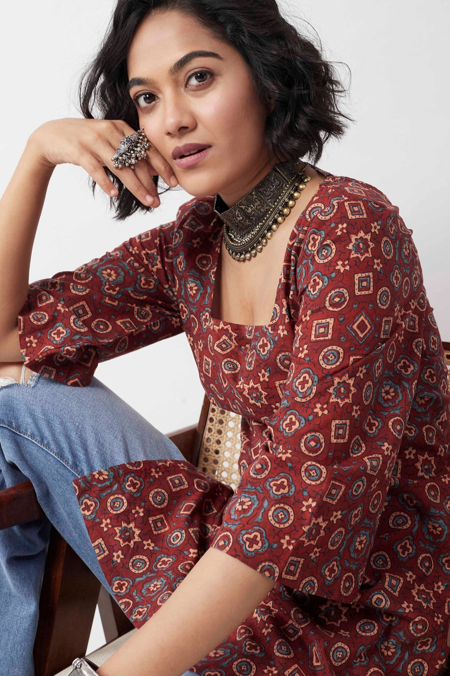 Maroon Ajrakh-Inspired Printed Short Kurti