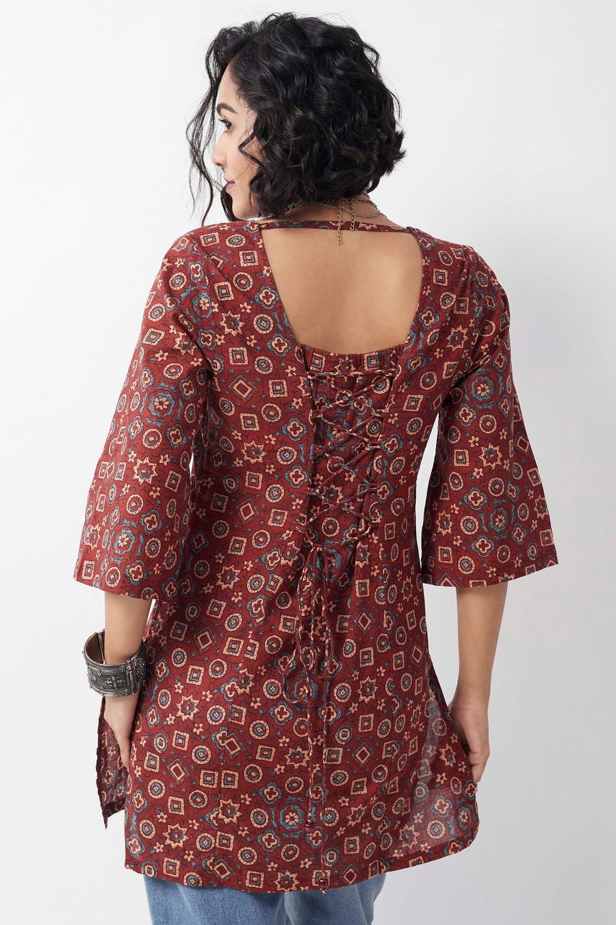 Maroon Ajrakh-Inspired Printed Short Kurti