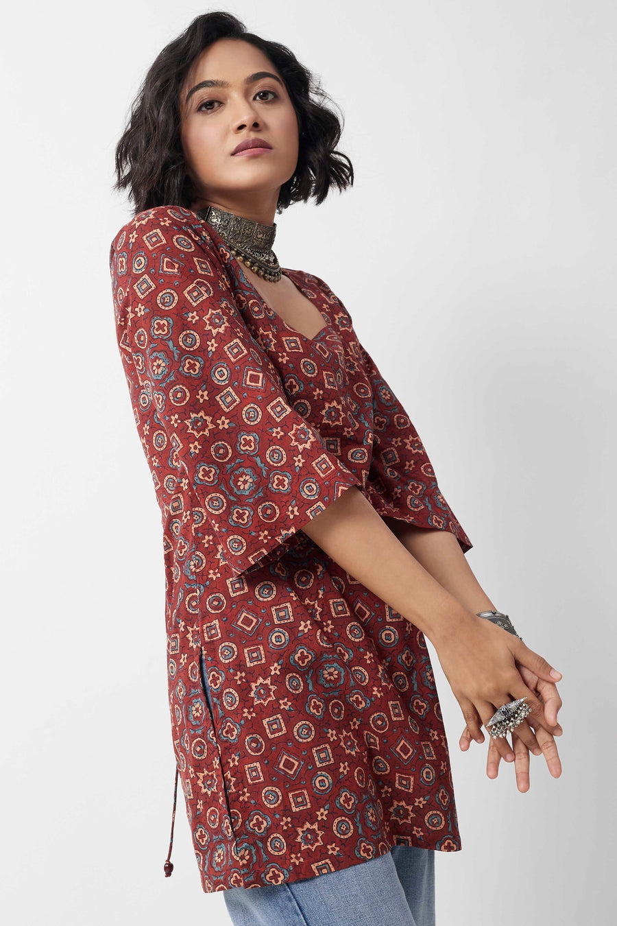 Maroon Ajrakh-Inspired Printed Short Kurti