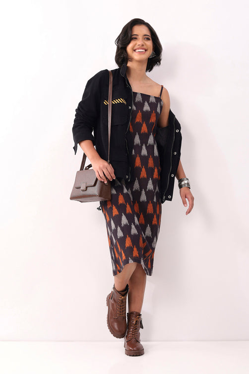 Black Cotton Abstract Strappy Midi Dress
