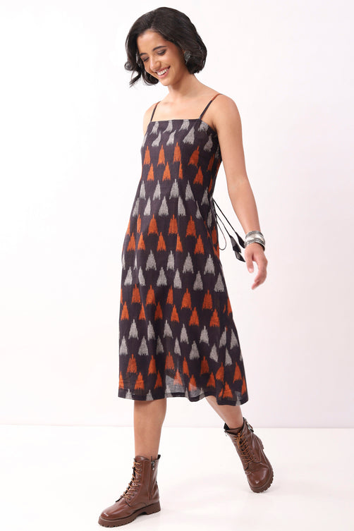 Black Cotton Abstract Strappy Midi Dress