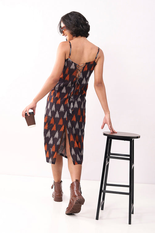 Black Cotton Abstract Strappy Midi Dress