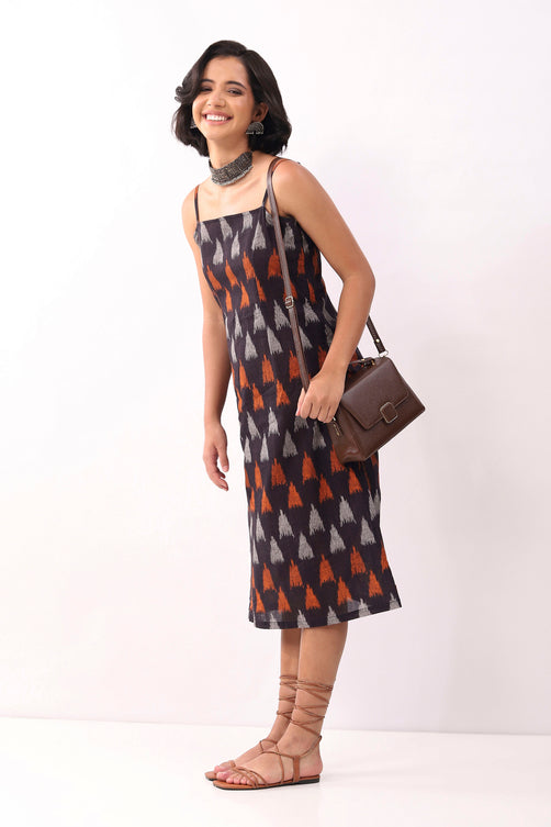 Black Cotton Abstract Strappy Midi Dress