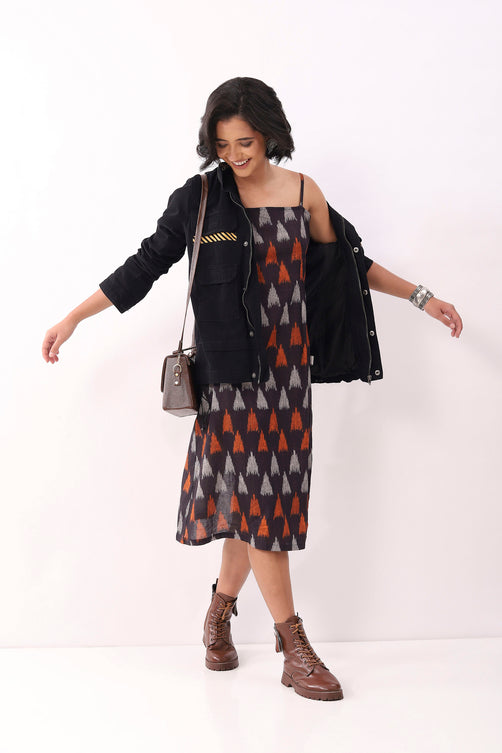 Black Cotton Abstract Strappy Midi Dress