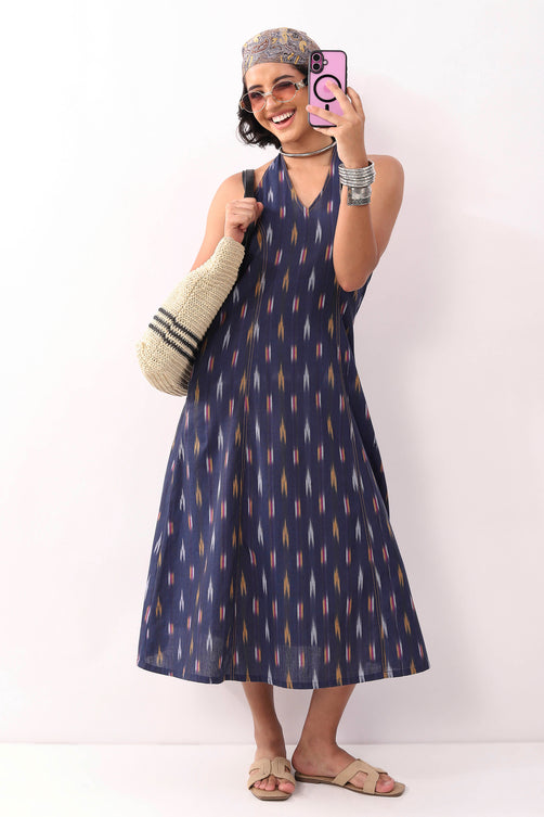 Navy Blue Cotton Abstract A-Line Midi Dress