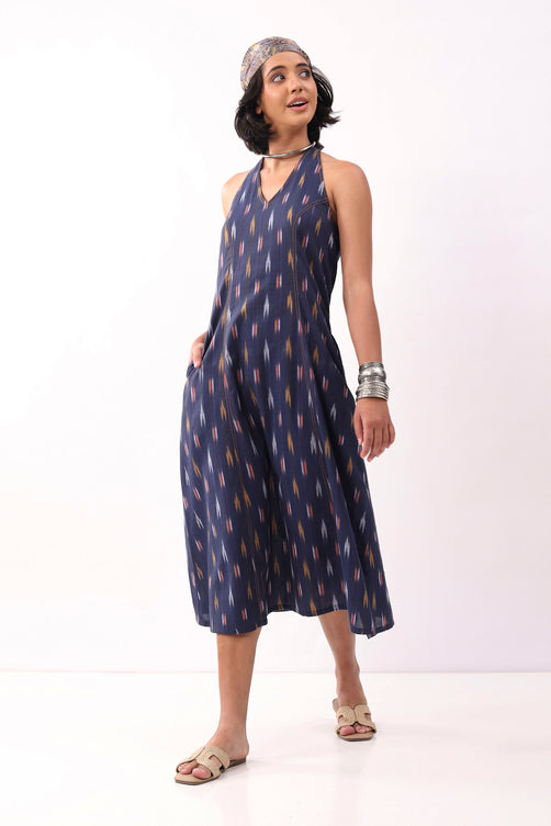 Navy Blue Cotton Abstract A-Line Midi Dress