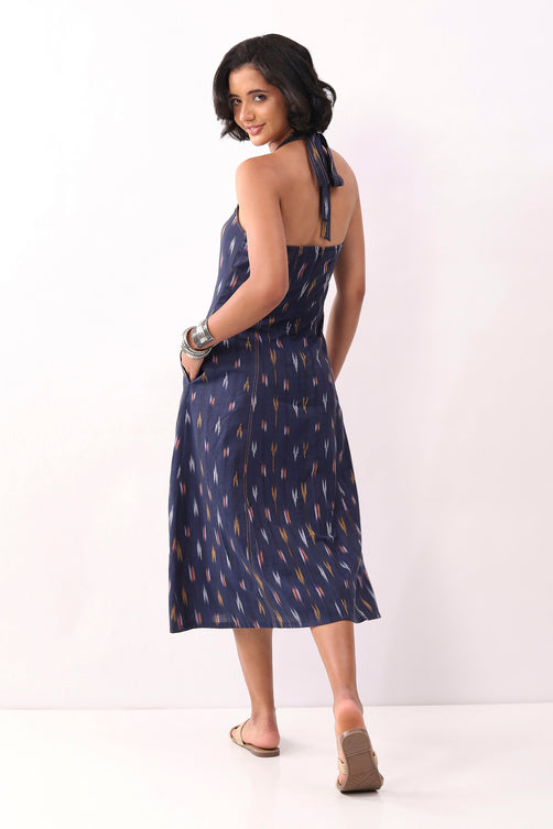 Navy Blue Cotton Abstract A-Line Midi Dress