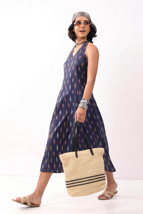 Navy Blue Cotton Abstract A-Line Midi Dress