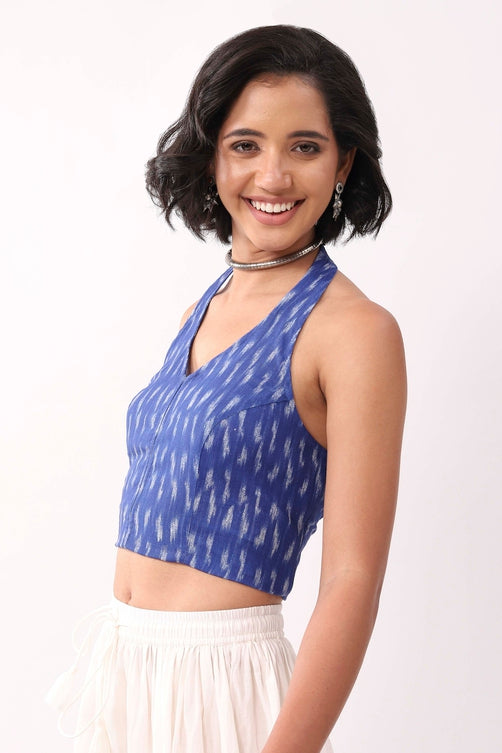 Royal Blue Cotton Abstrast Smocked Back Crop Top
