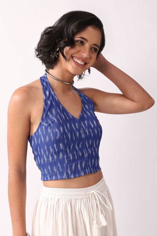 Royal Blue Cotton Abstrast Smocked Back Crop Top