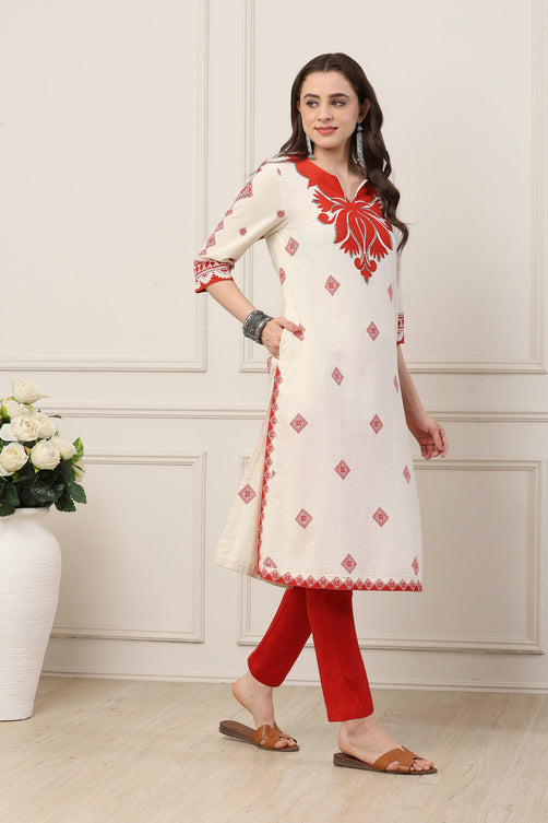 Ivory & Orange Cotton Ethnic Motif Printed Straight Kurta