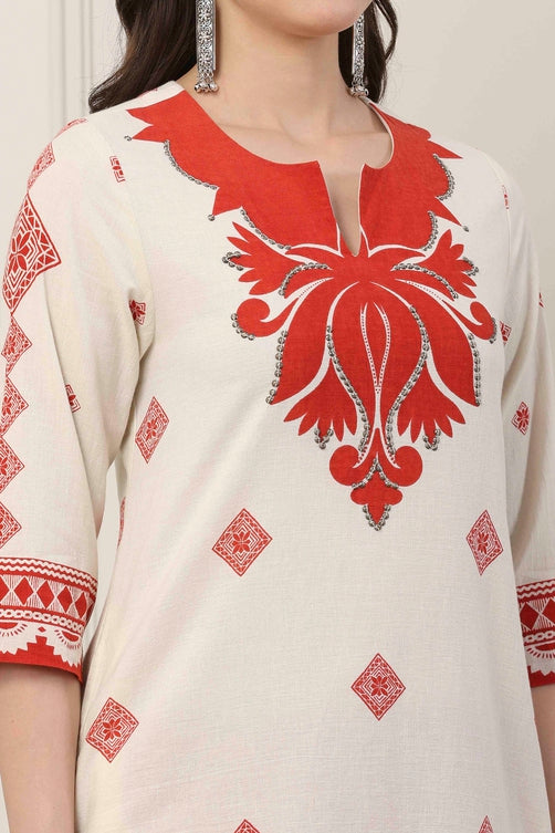 Ivory & Orange Cotton Ethnic Motif Printed Straight Kurta