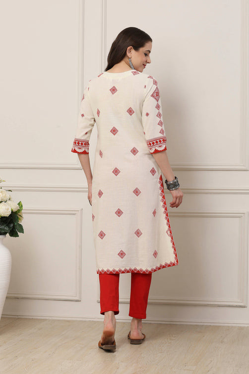 Ivory & Orange Cotton Ethnic Motif Printed Straight Kurta