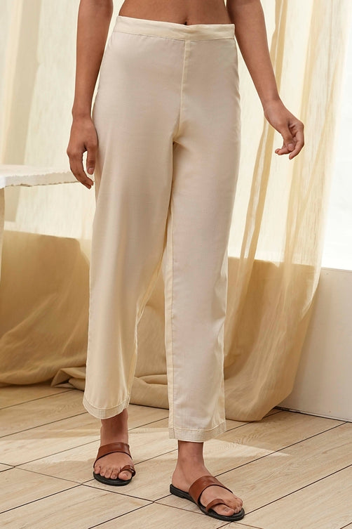 Cream-Colored Cotton Solid Regular Pants