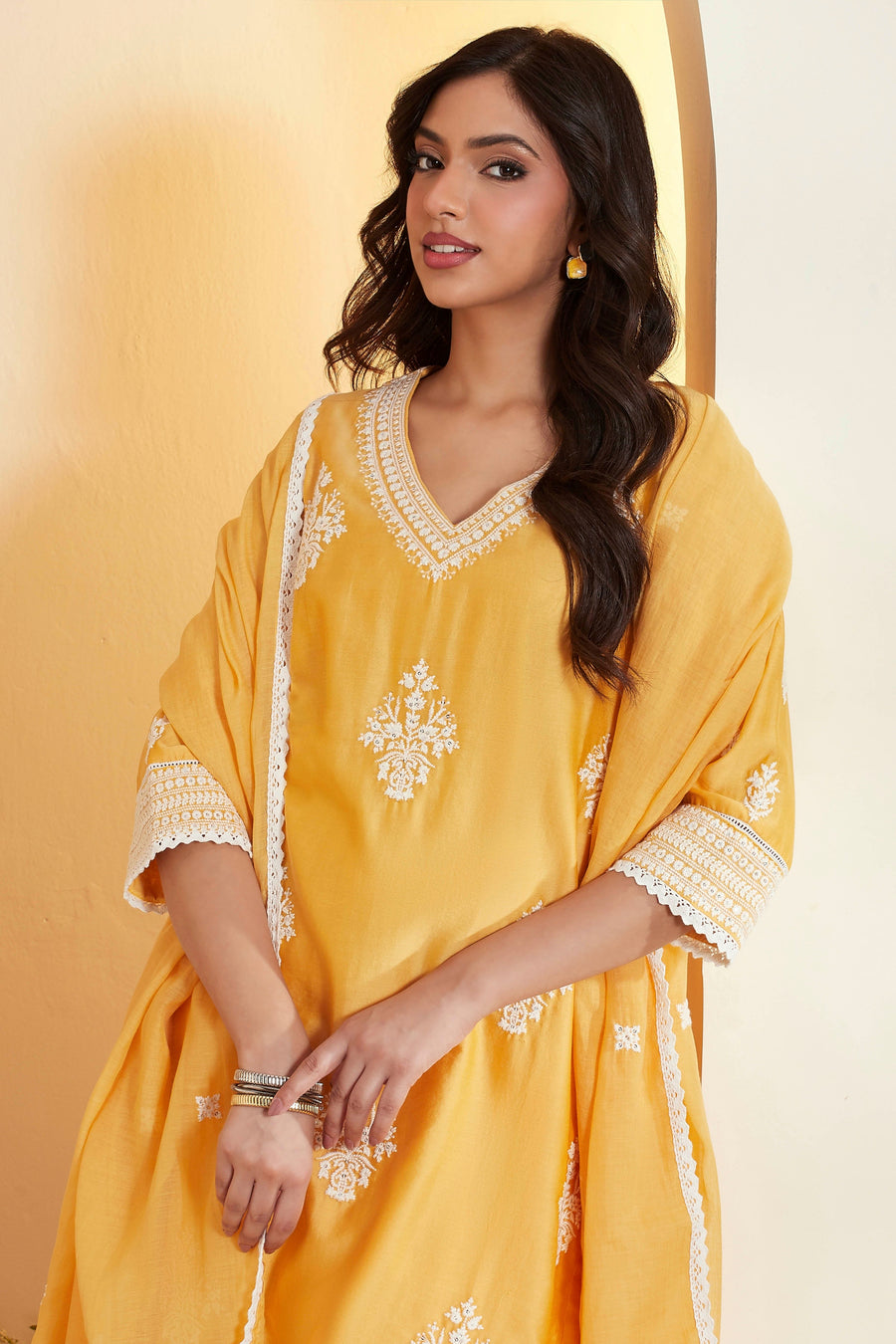 Ochre Yellow Silk Chanderi Embroidered Straight Suit Set