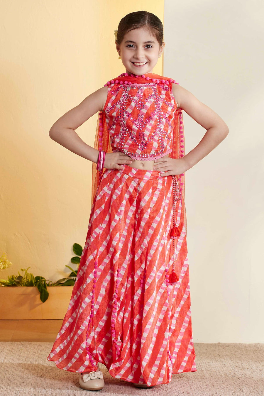 Girls Pink & Orange Leheriya Lehenga Choli Set