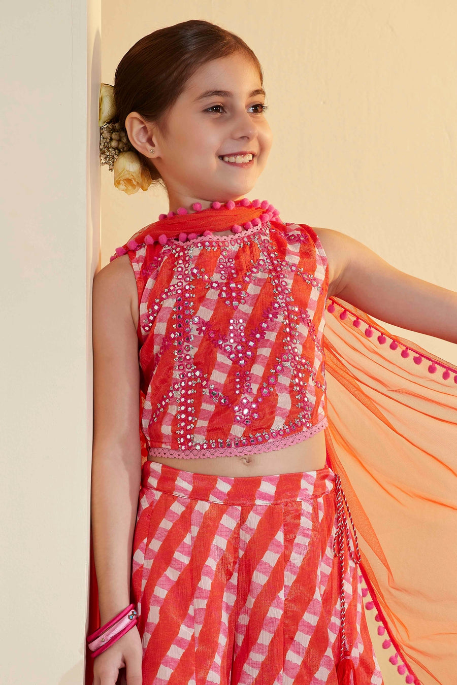 Girls Pink & Orange Leheriya Lehenga Choli Set – view 2