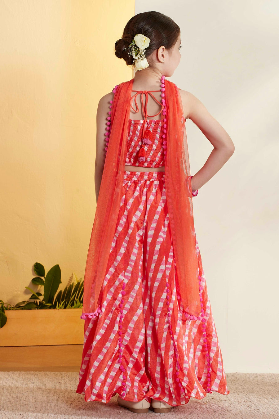 Girls Pink & Orange Leheriya Lehenga Choli Set – view 3