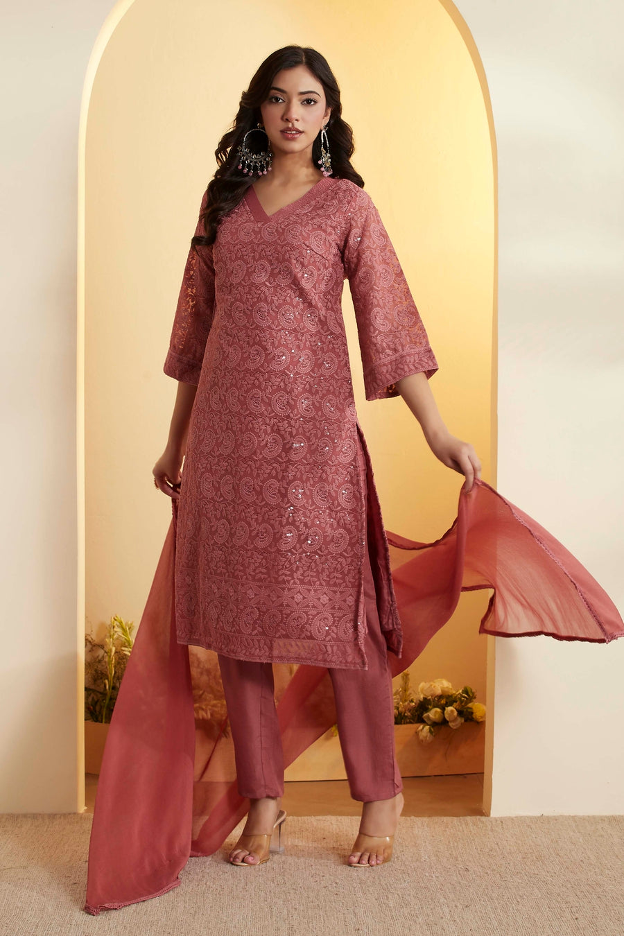 Brick Red Embroidered Straight Kurta Set