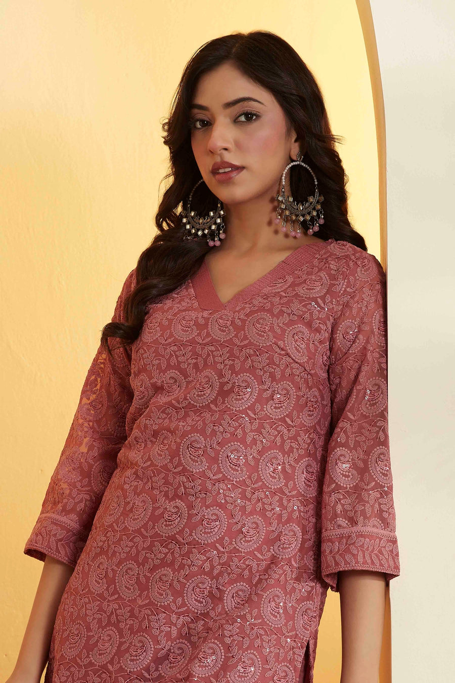 Brick Red Embroidered Straight Kurta Set