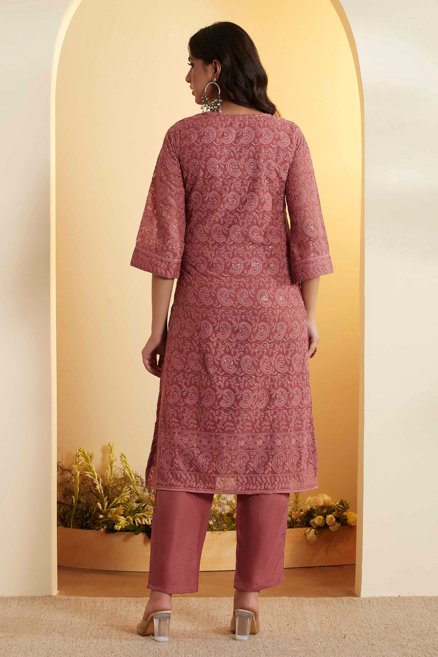 Brick Red Embroidered Straight Kurta Set