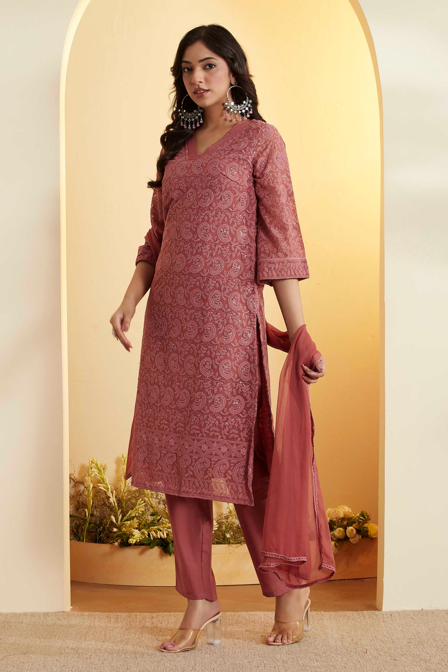 Brick Red Embroidered Straight Kurta Set