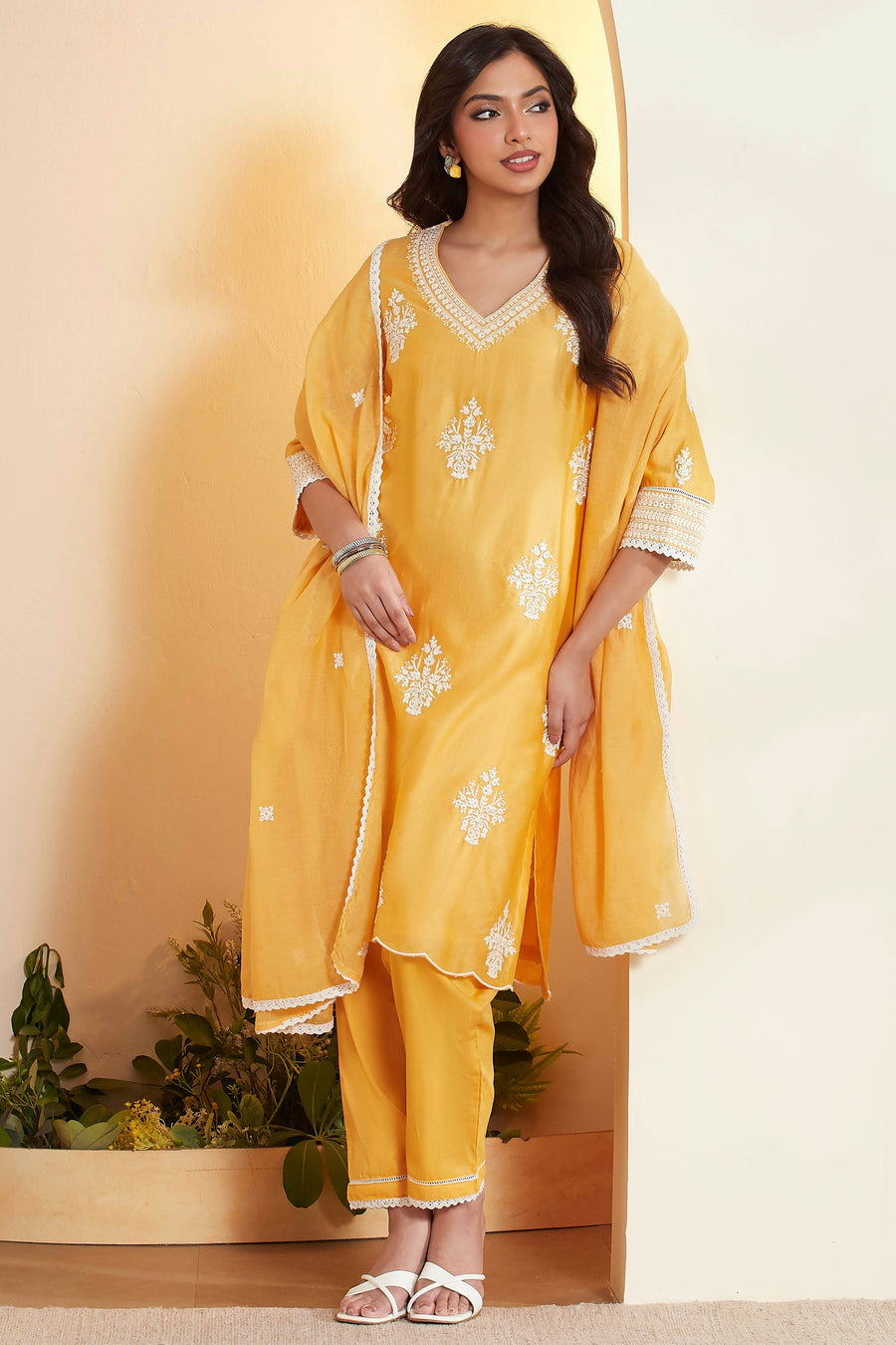 Ochre Yellow Silk Chanderi Embroidered Straight Suit Set