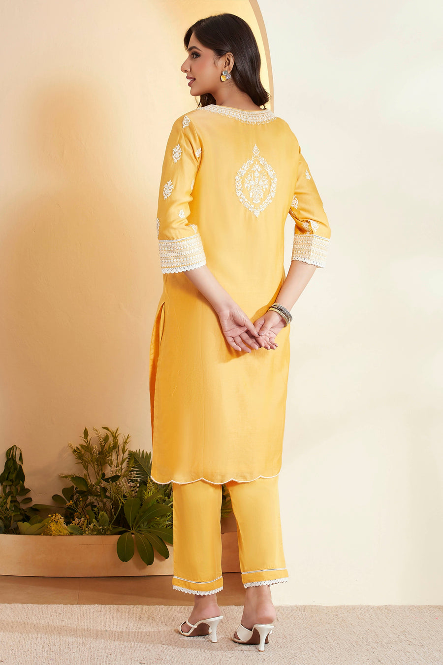 Ochre Yellow Silk Chanderi Embroidered Straight Suit Set