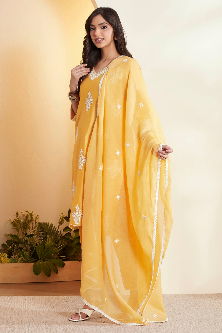 Ochre Yellow Silk Chanderi Embroidered Straight Suit Set