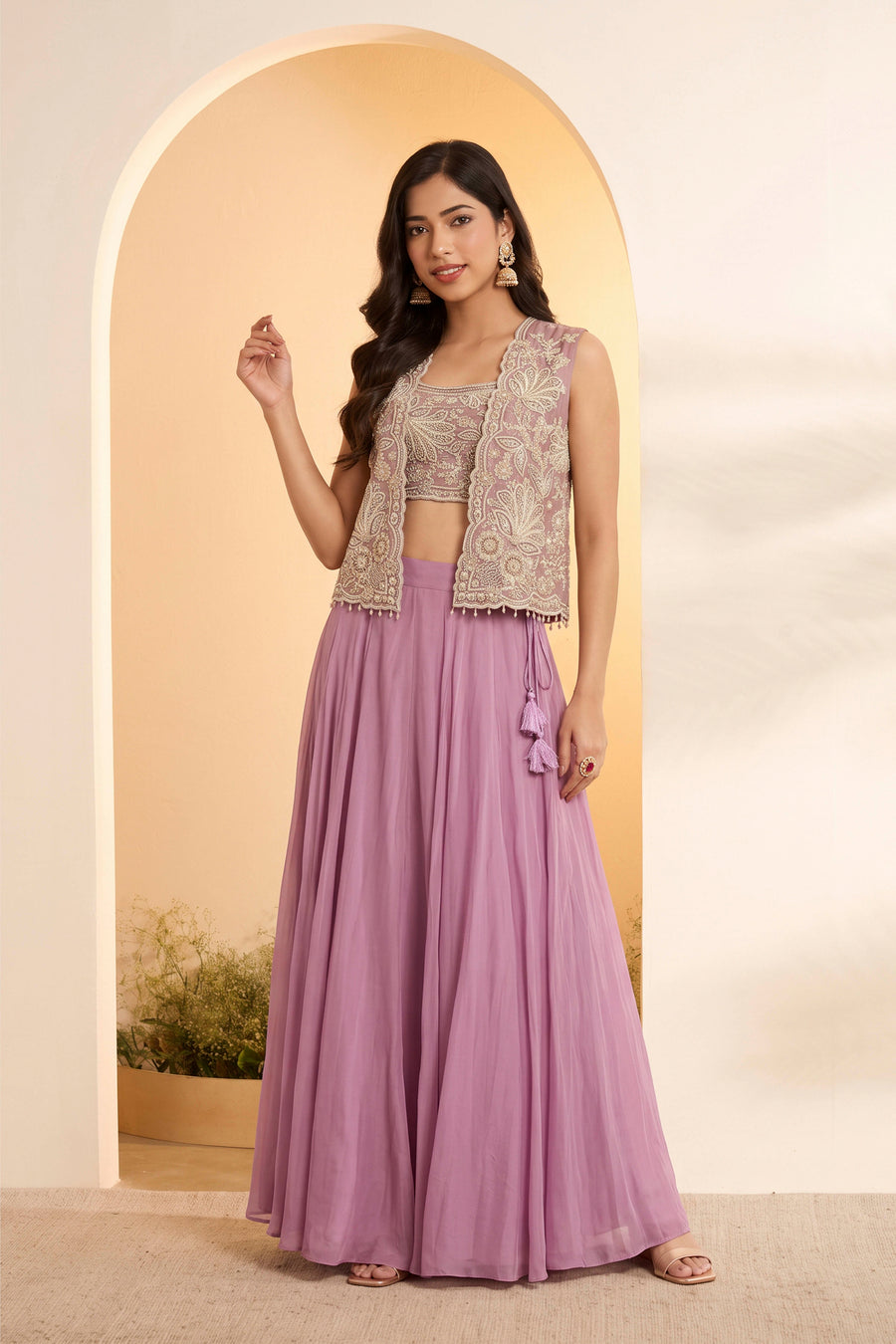 Dusty Lilac Viscose Rayon Embellished Skirt Set with Jacket