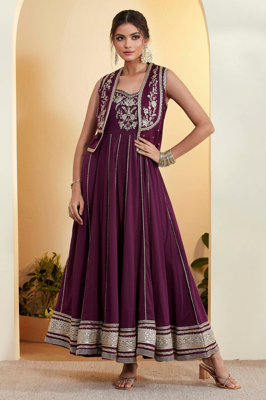 Purple Embroidered Sleeveless Anarkali Gown