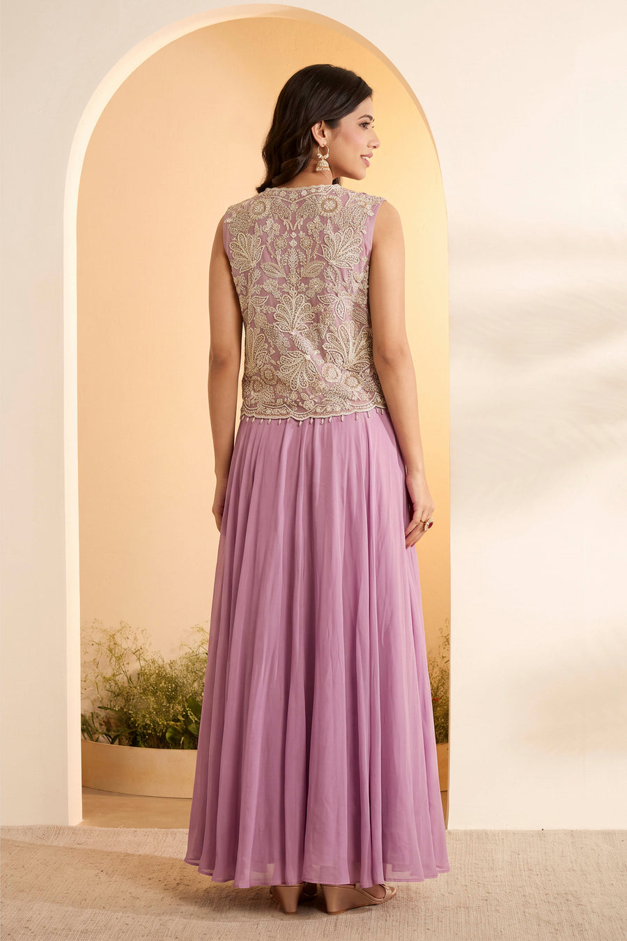 Dusty Lilac Viscose Rayon Embellished Skirt Set with Jacket