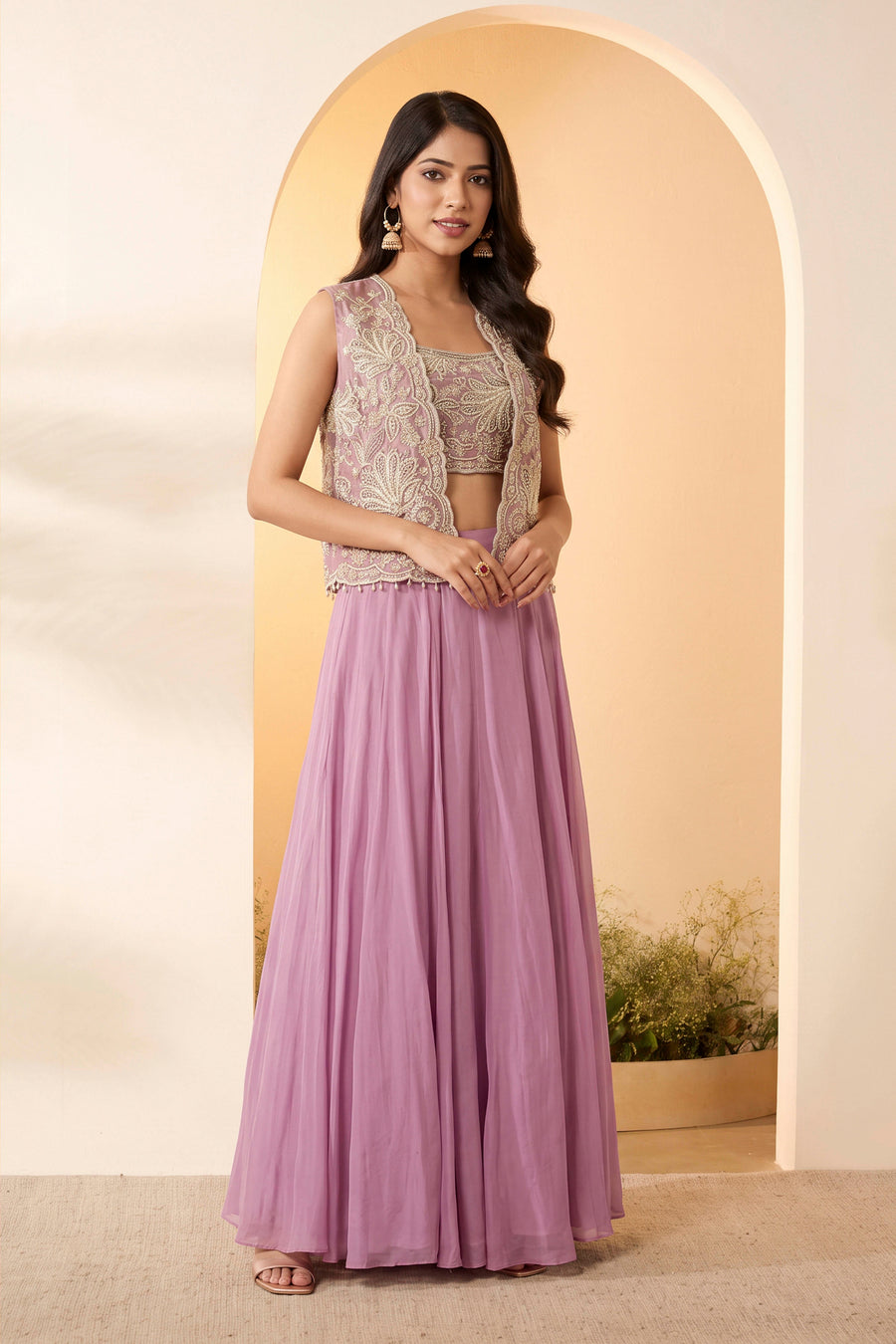 Dusty Lilac Viscose Rayon Embellished Skirt Set with Jacket