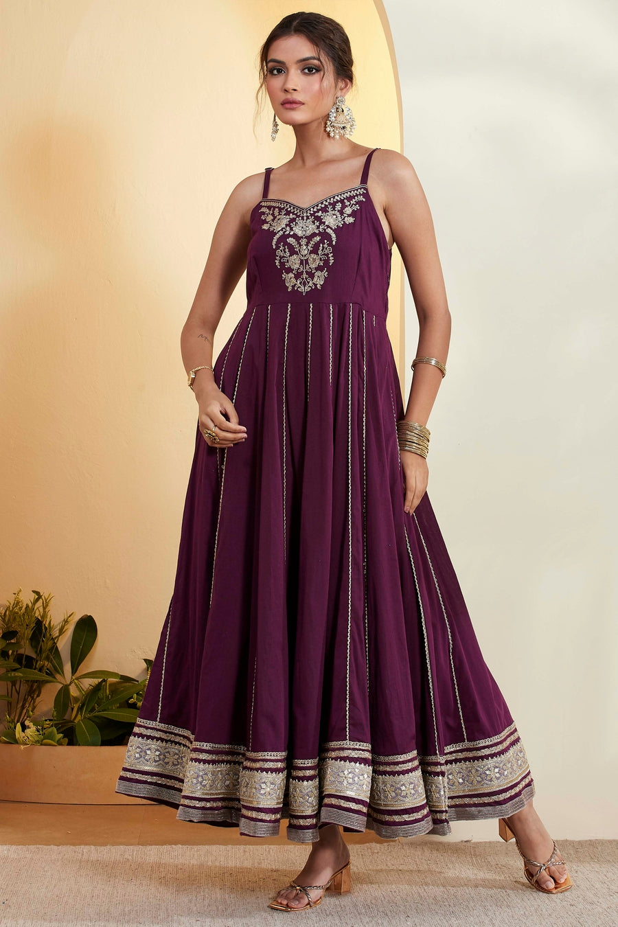 Purple Embroidered Sleeveless Anarkali Gown