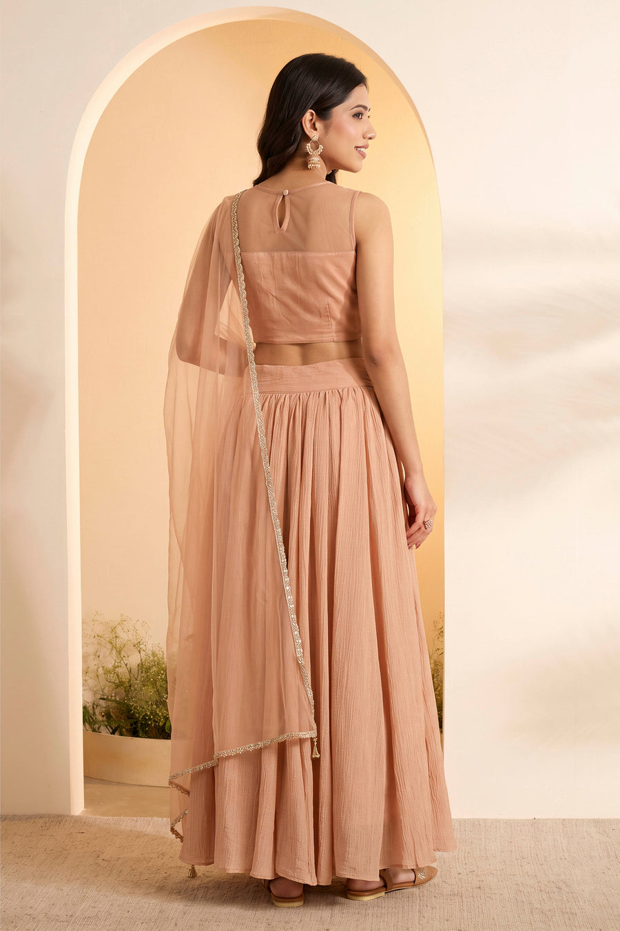 Peach Nylon Embroidered Lehenga Set with Net Dupatta