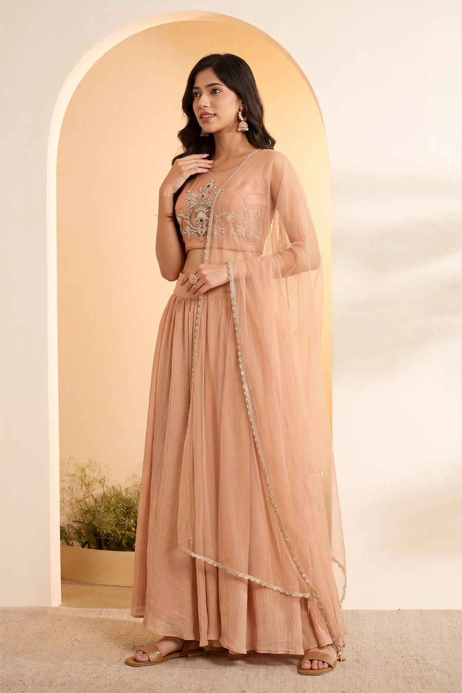 Peach Nylon Embroidered Lehenga Set with Net Dupatta