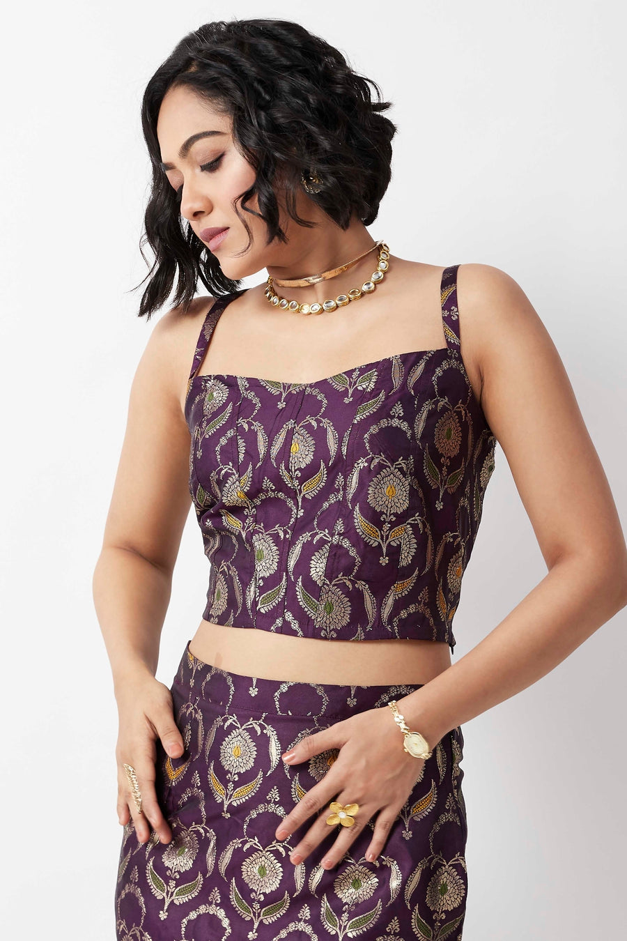 Purple Floral Printed Sleeveless Crop Top