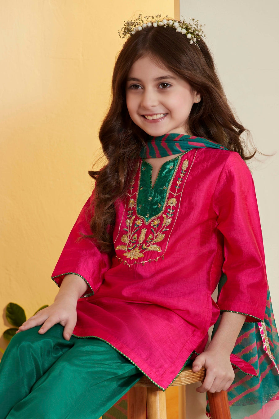 Girls Pink & Emerald Green Embroidered Kurta Set – view 2