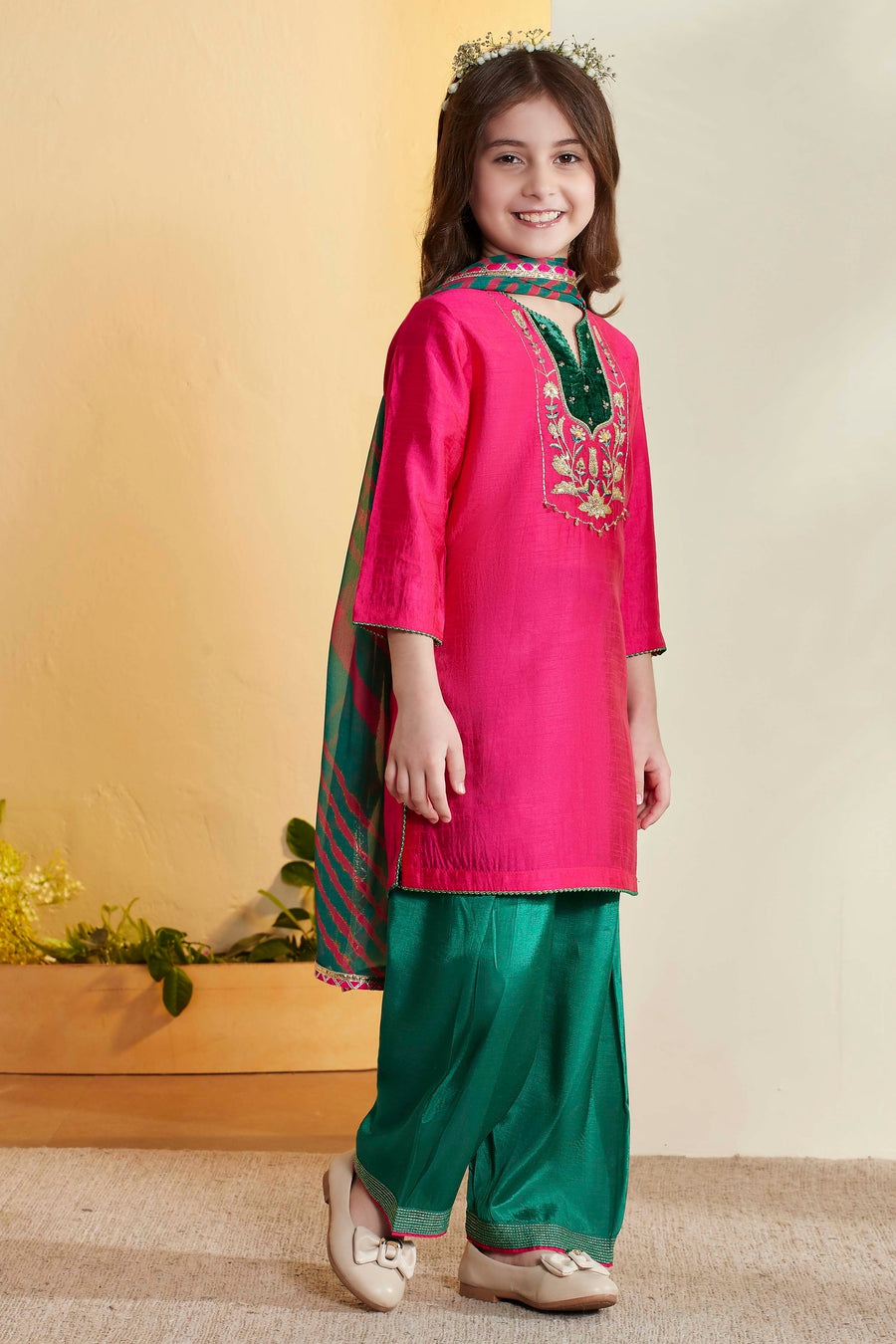 Girls Pink & Emerald Green Embroidered Kurta Set – view 3