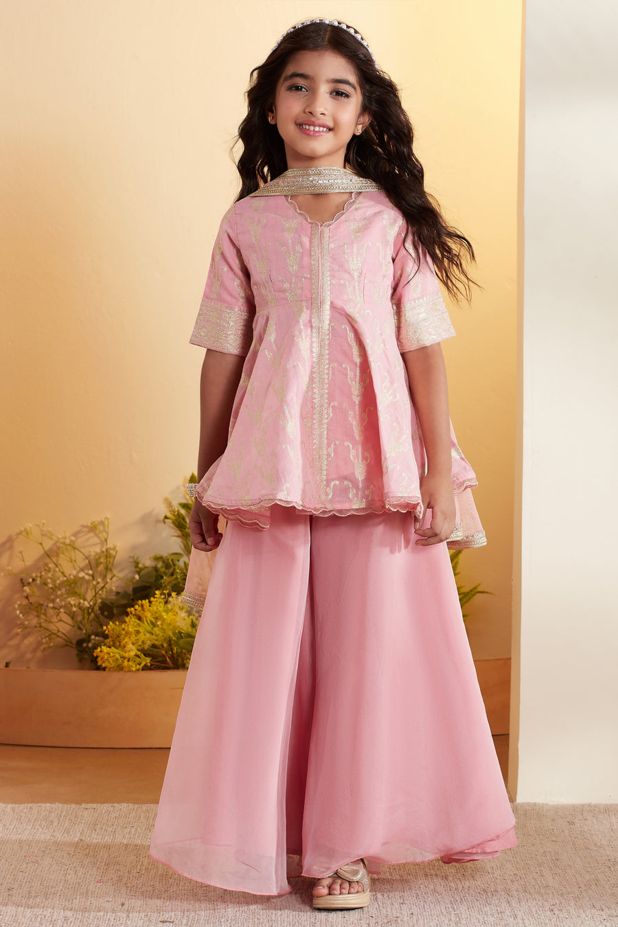 Kids- Peach & Gold Printed Sharara Set