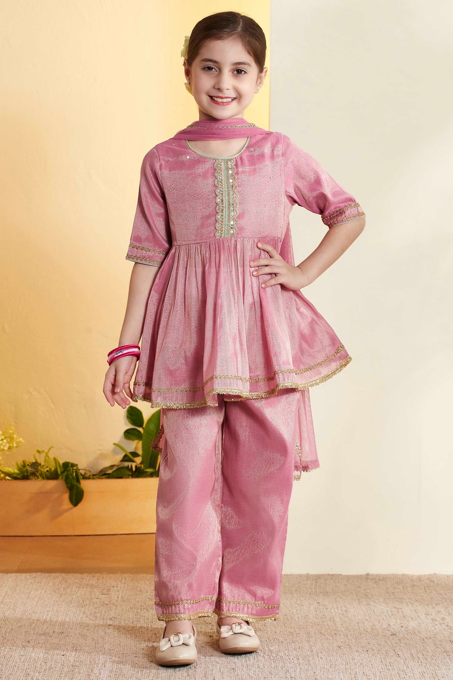 Girls Pink Shimmer Peplum Kurti, Palazzo & Dupatta Set