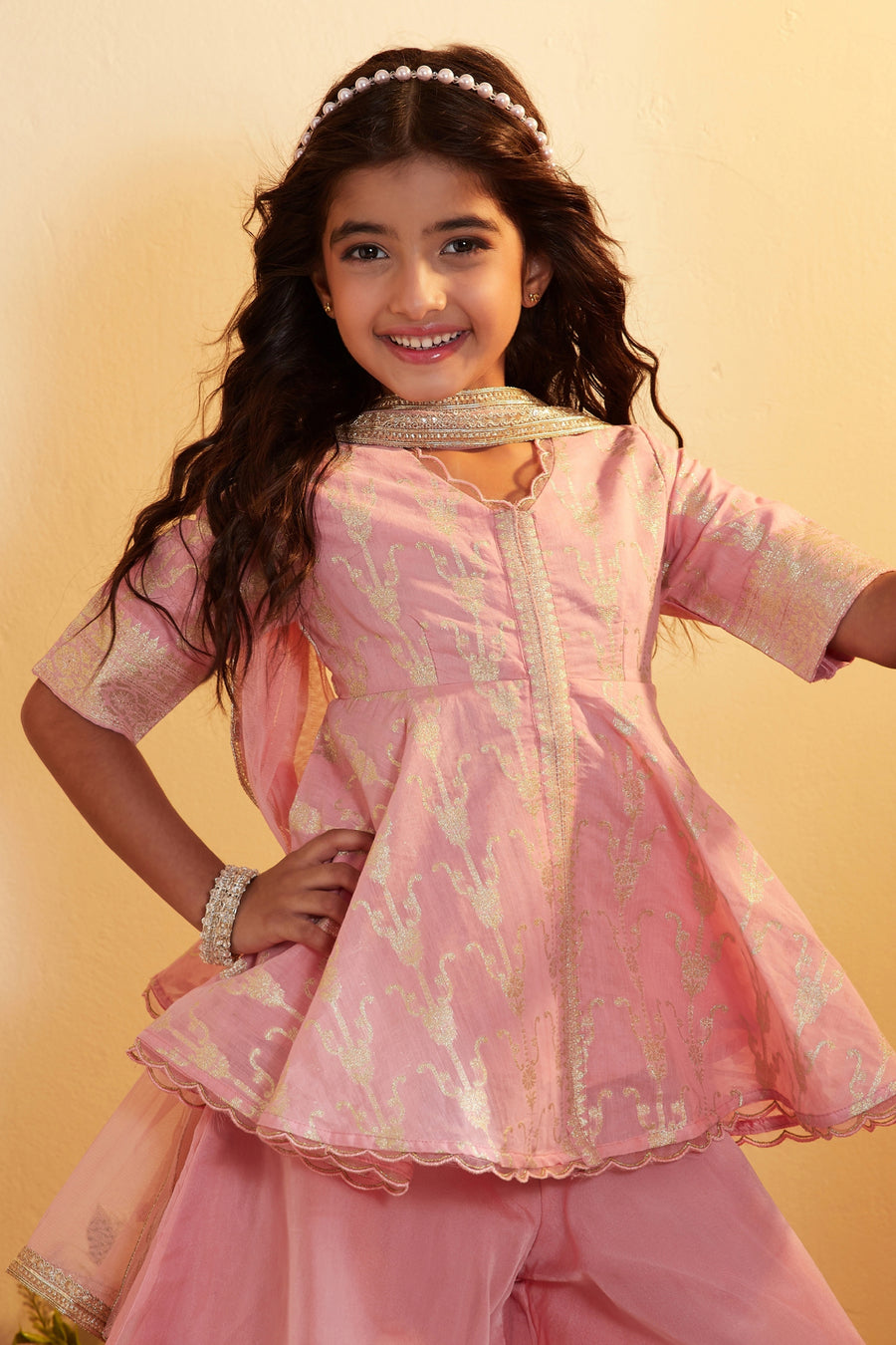 Kids- Peach & Gold Printed Sharara Set