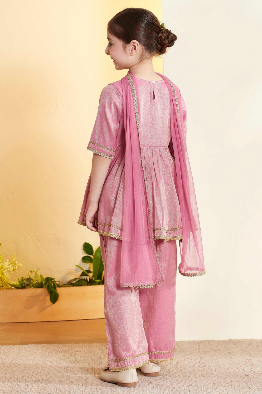 Girls Pink Shimmer Peplum Kurti, Palazzo & Dupatta Set – view 3