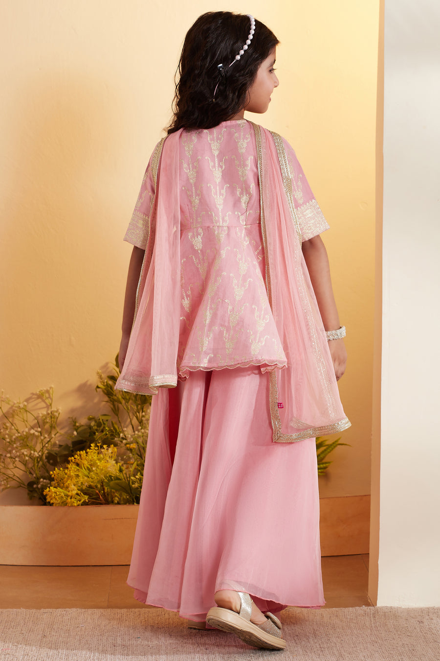 Kids- Peach & Gold Printed Sharara Set