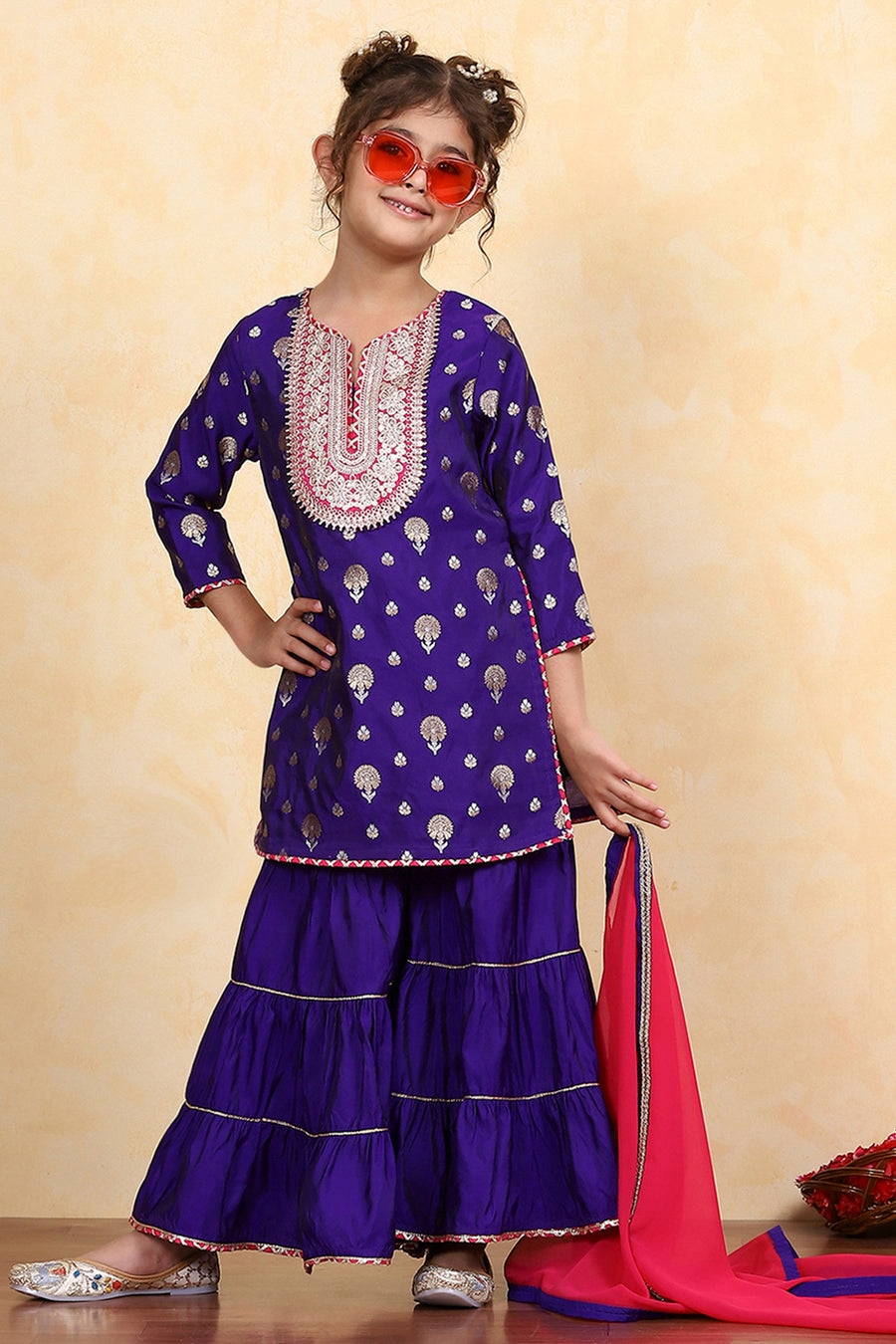 Girls purple brocade sharara set by BIBA, image 4 of 4