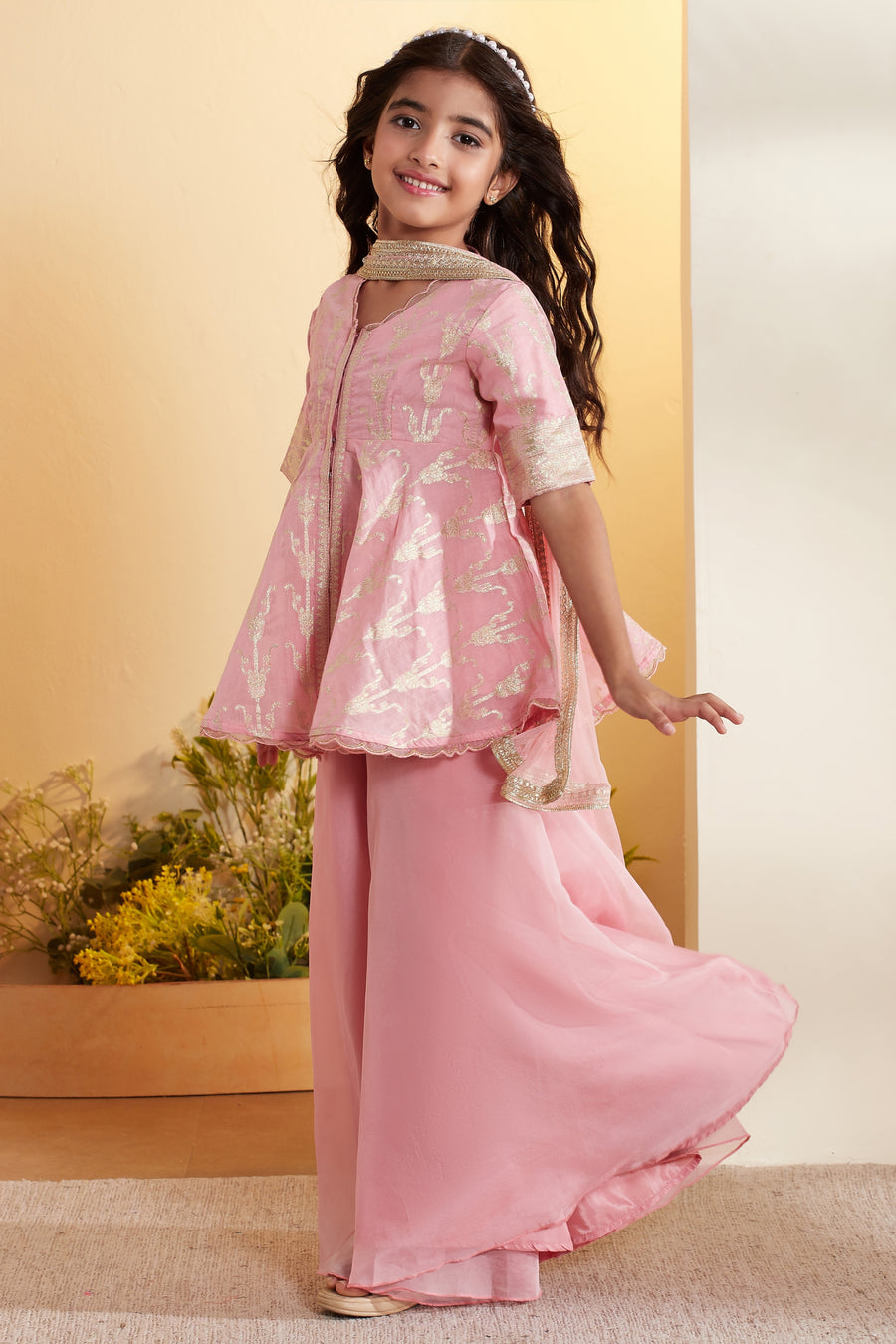 Kids- Peach & Gold Printed Sharara Set