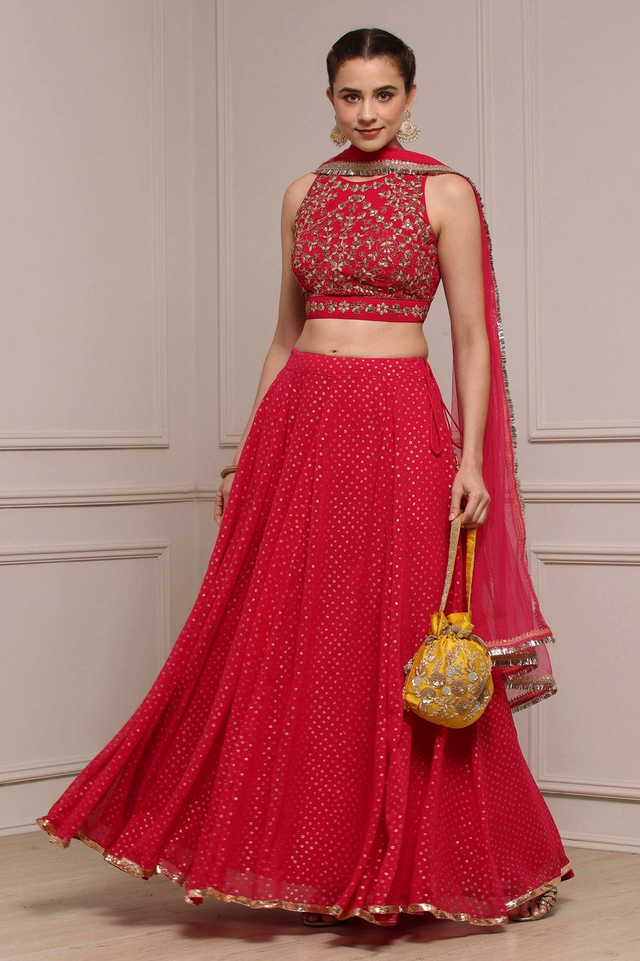 Fuchsia Poly Georgette Embroidered Lehenga Set