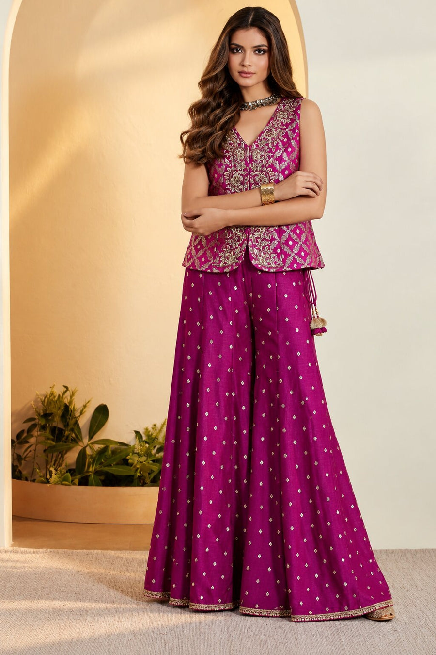 Purple Embroidered Peplum Top with Flared Sharara Palazzo Set
