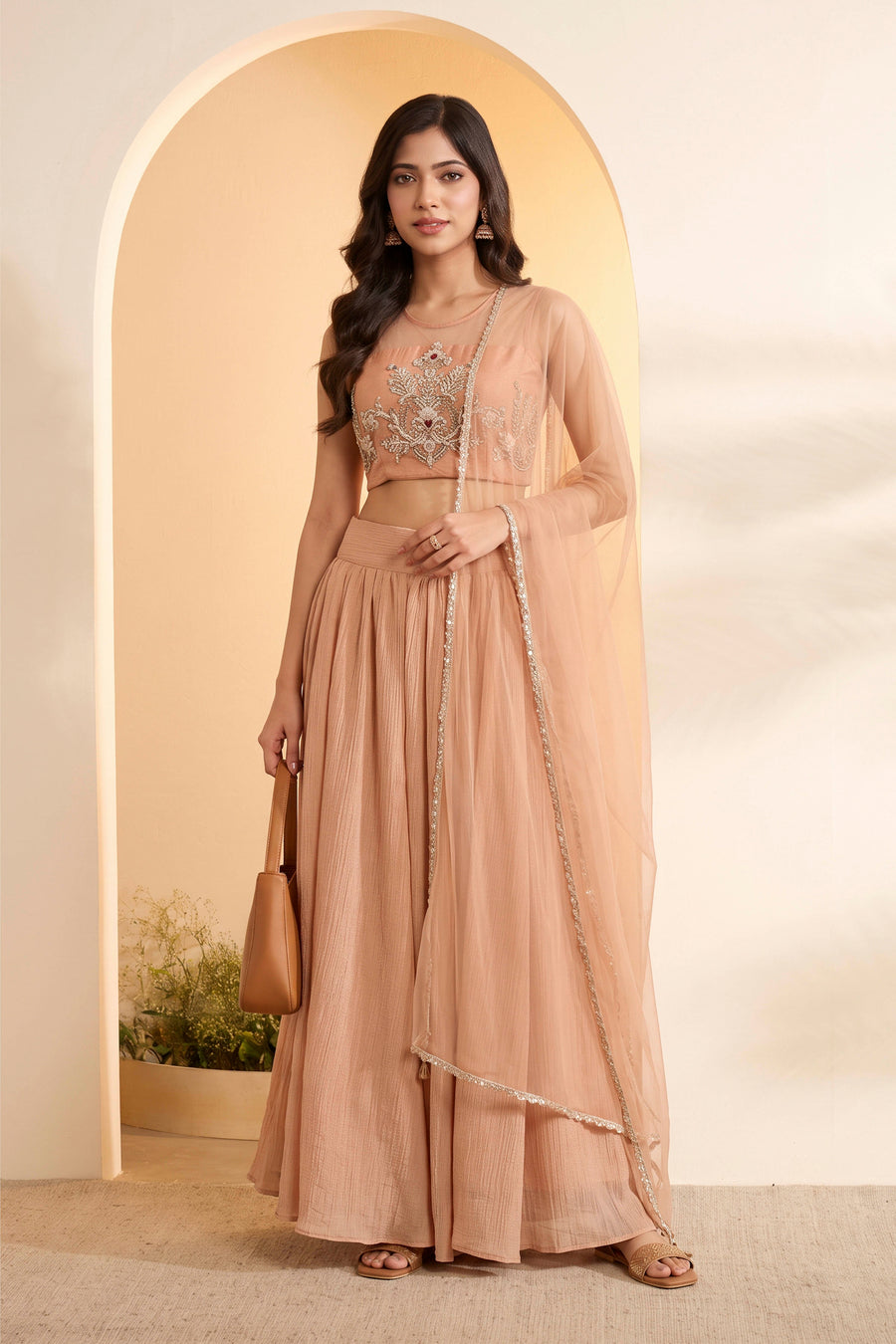 Peach Nylon Embroidered Lehenga Set with Net Dupatta