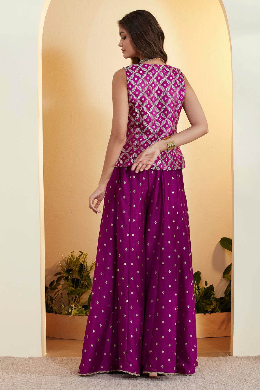 Purple Embroidered Peplum Top with Flared Sharara Palazzo Set